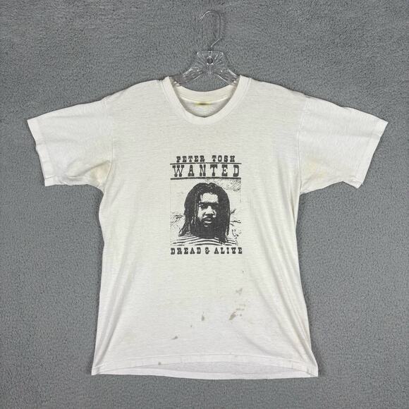 Vtg 80s Peter Tosh T-shirt Adult S/M White Wanted Dread or Alive